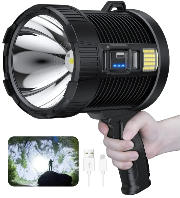 kf-S0c16146187314e5d96c2bd68d856d7319 Rechargeable Spotlight 900000 Lumens Led Spot Lights Handheld Large Flashlight Super Bright Outdoor Solar Spotlights Searchlight