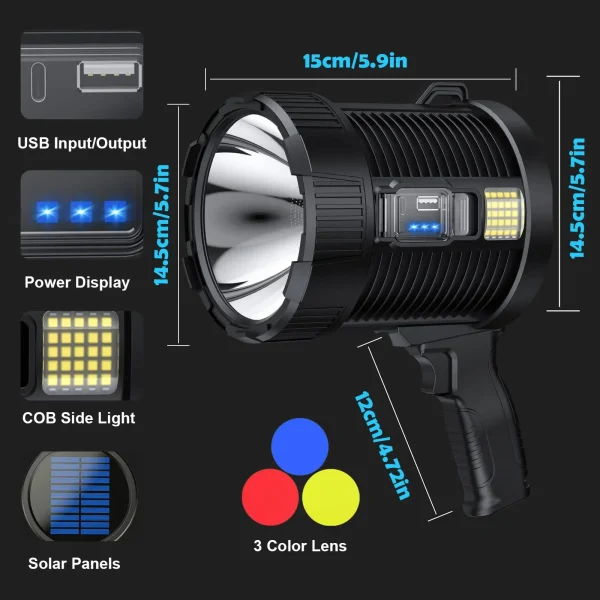 kf-S5cf34229669d4aefab843de9197795e9G Rechargeable Spotlight 900000 Lumens Led Spot Lights Handheld Large Flashlight Super Bright Outdoor Solar Spotlights Searchlight